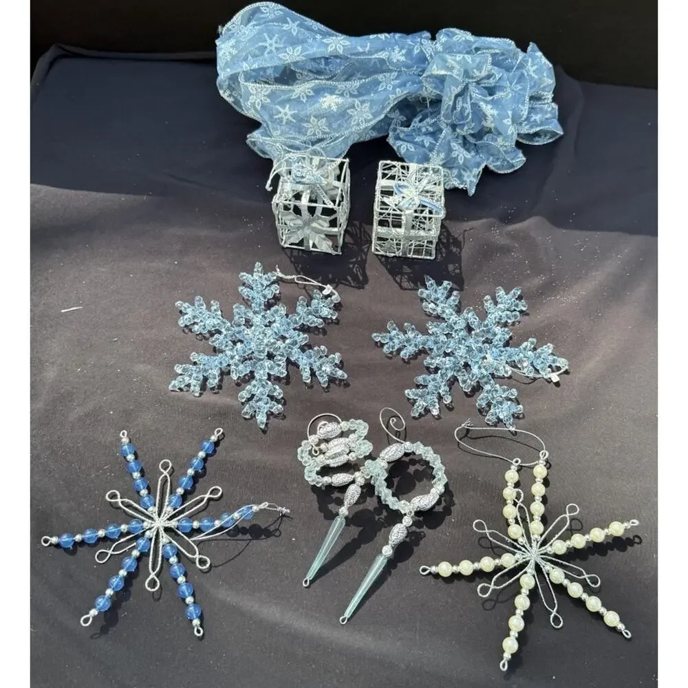 Beautiful Ice Blue Christmas Ornament Lot Snowflakes Bows & More! S1